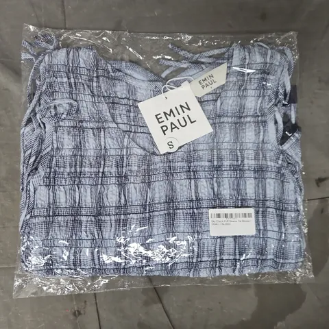 BAGGED EMIN PAUL SKY CHECK PUFF SLEEVE TIE BLOUSE IN BLUE SIZE SMALL