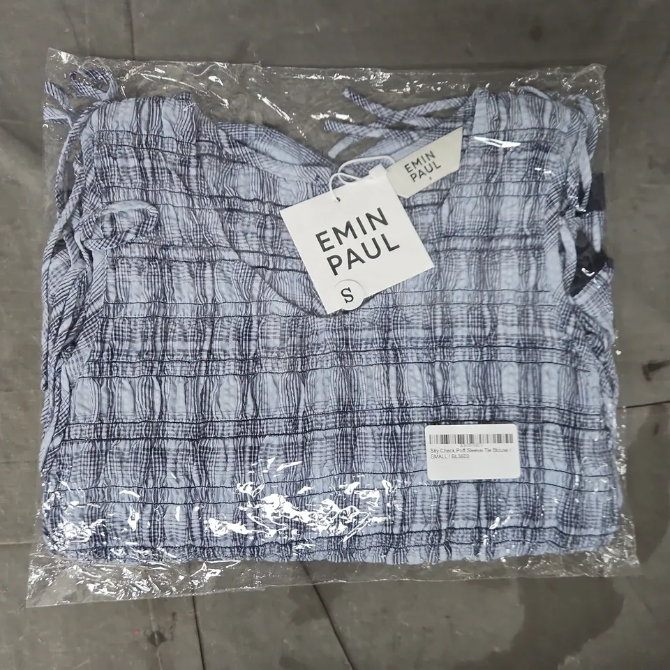 BAGGED EMIN PAUL SKY CHECK PUFF SLEEVE TIE BLOUSE IN BLUE SIZE SMALL