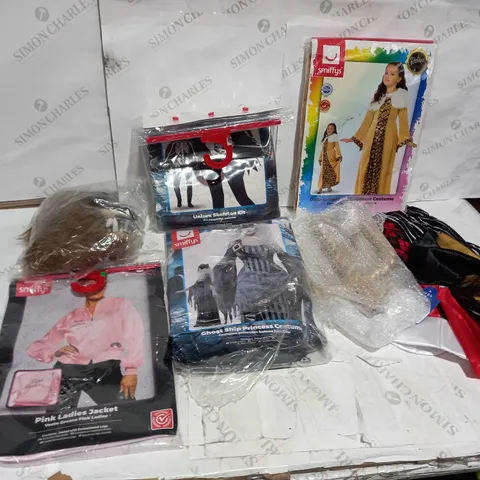 LOT OF APPROXIMATELY 5 FANCY DRESS COSTUMES AND ACCESSORIES TO INCLUDE PINK LADIES JACKET, SKELETON KIT AND WOLF MASK