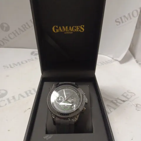 BOXED GAMAGES LONDON NAVIGATOR AUTOMATIC BLACK SILICONE STRAP WATCH