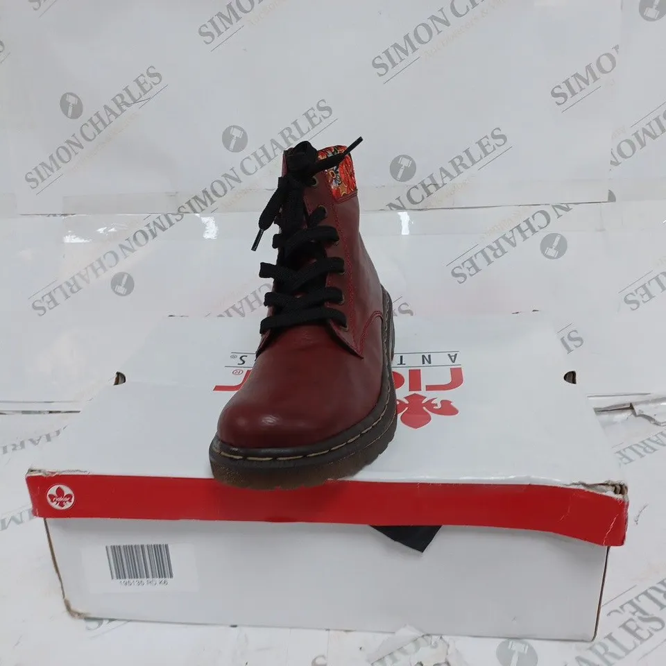 BOXED RIEKER RED INTREST COLLAR BOOTS- SIZE 6 