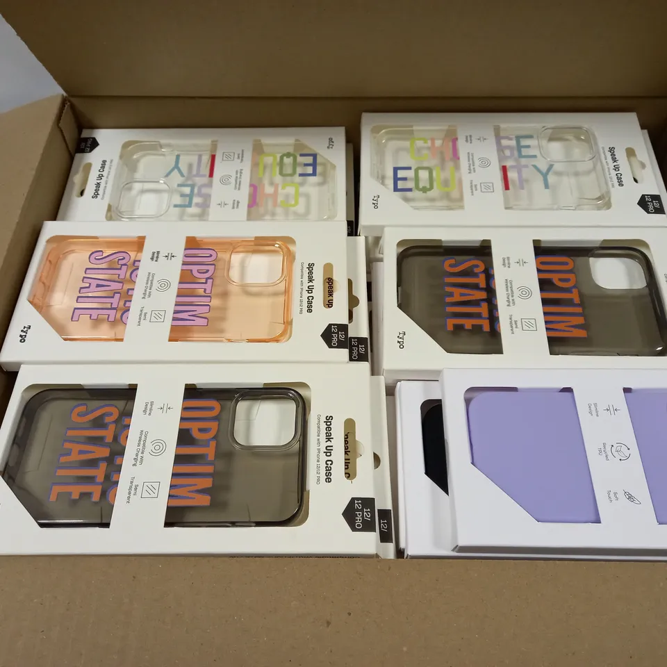 BOX OF APPROXIMATELY 50 TYPO PHONES CASES ('SLIMLINE CASE' & 'SPEAK UP CASE') FOR IPHONE 11, 12 MINI, 12/12PRO IN VARYING COLOURS