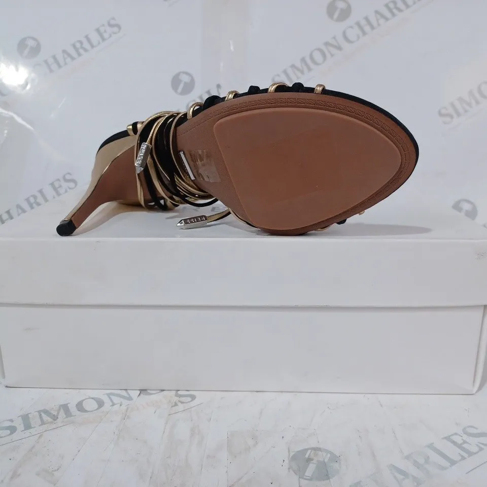 BOXED PAIR OF REISS CASSIDY STRAPPY HEELS IN BLACK/GOLD SIZE 5