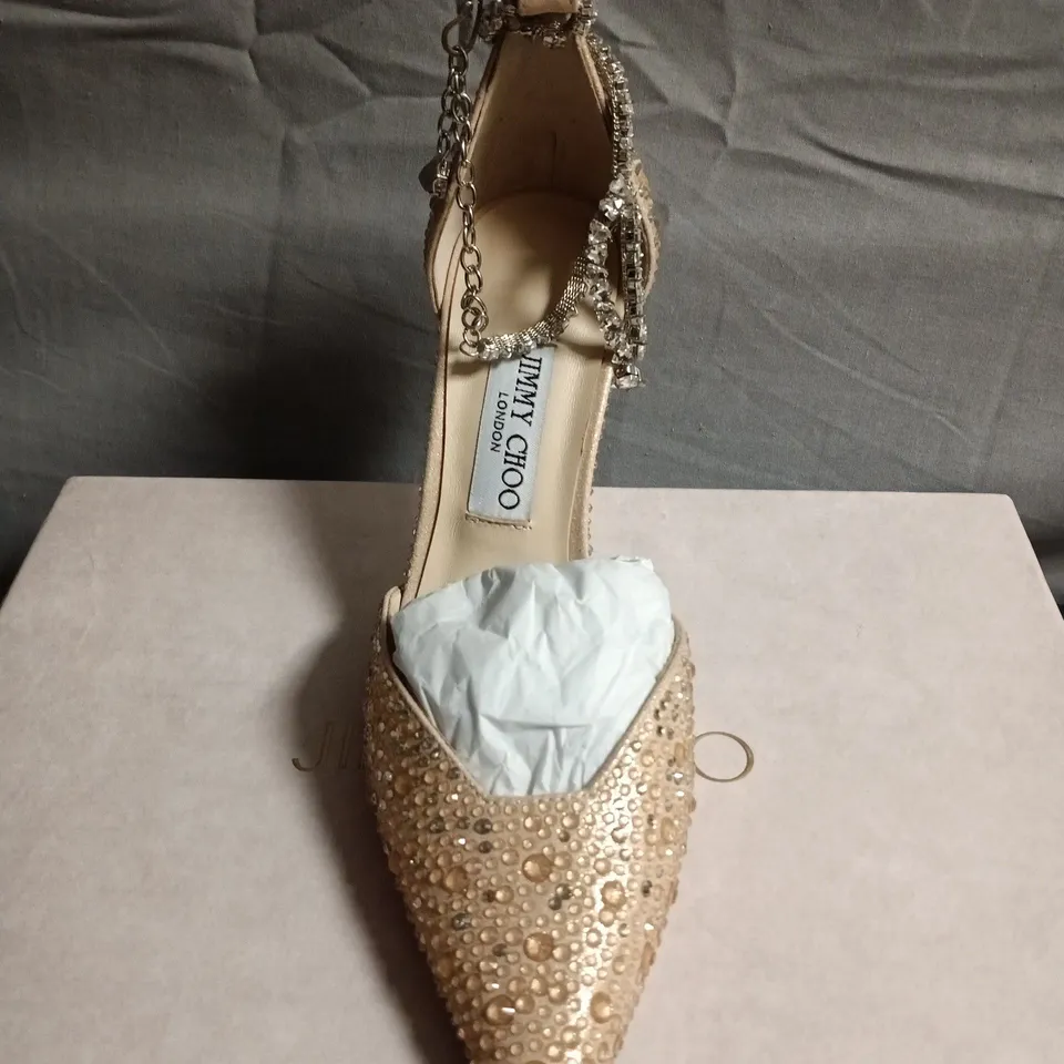 BOXED PAIR OF JIMMY CHOO GOLD BEADED POINTED-TOE STILETTO WITH ANKLE CHAIN - UK SIZE 38
