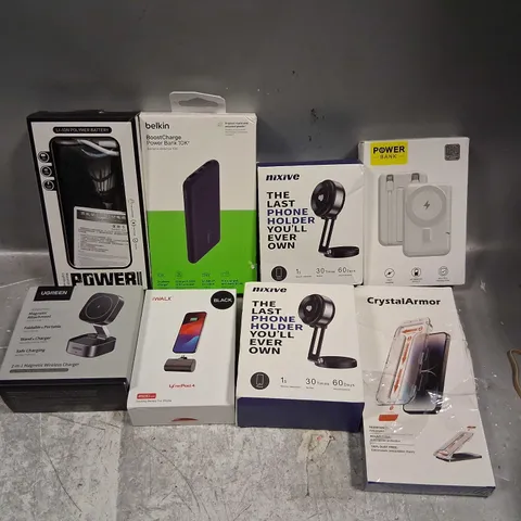 ASSORTED ELECTRICAL PRODUCTS AND ACCESSORIES TO INCLUDE; POWER BANLS, PHONE HOLDERS, PHONE CASES