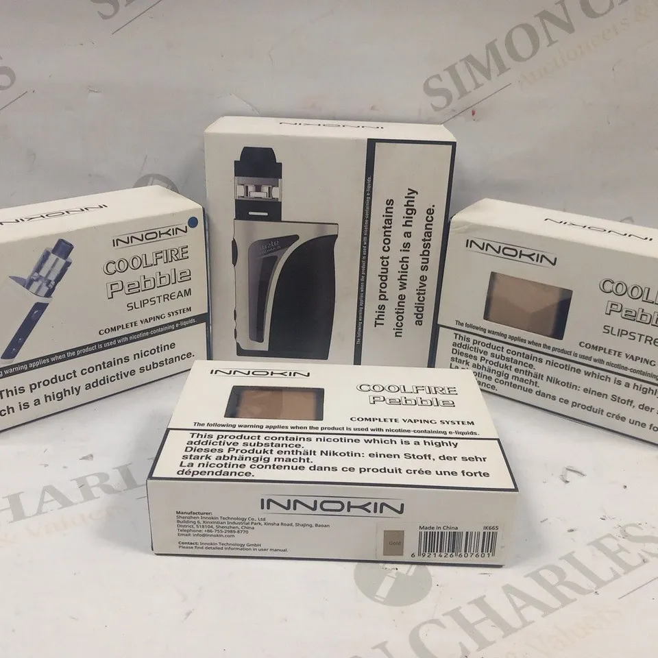 4 ASSORTED INNOKIN VAPING PRODUCTS TO INCLUDE; COOLFIRE PEBBLE SLIPSTREAM AND KROMA-A