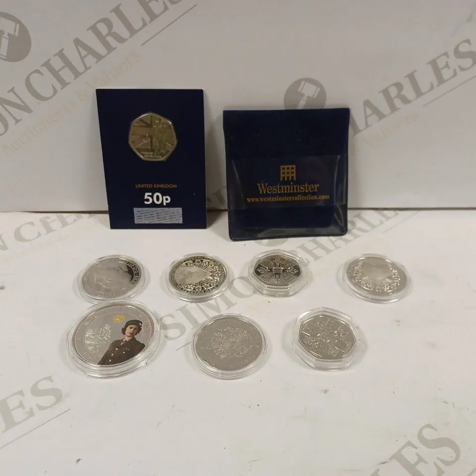 BOX TO CONTAIN APPROX. 20 X ASSORTED COMMEMORATIVE AND COLLECTORS COINS. DESIGNS VARY