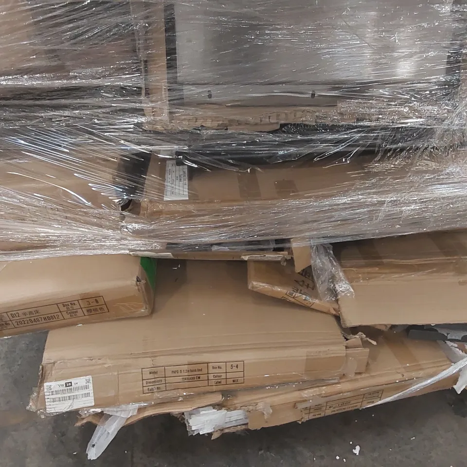 PALLET OF ASSORTED ITEMS INCLUDING: MULTIPURPOSE LADDER, BUNK BED PARTS, MIXING BOWL SETS ECT
