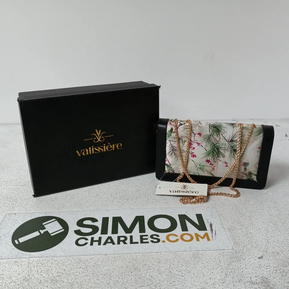 VALISSIÉRE FLORAL PATTERN CLUTCH BAG WITH GOLD CHAIN – BOXED