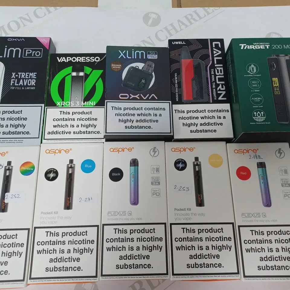 LOT OF 10 ASSORTED E-CIGS TO INCLUDE OXVA, VAPORESSO AND ASPIRE