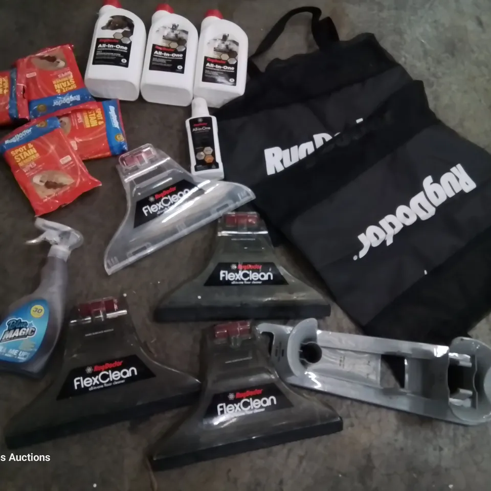 BOX RUG DOCTOR PARTS & CLEANING FLUID, INCLUDING WIPES.