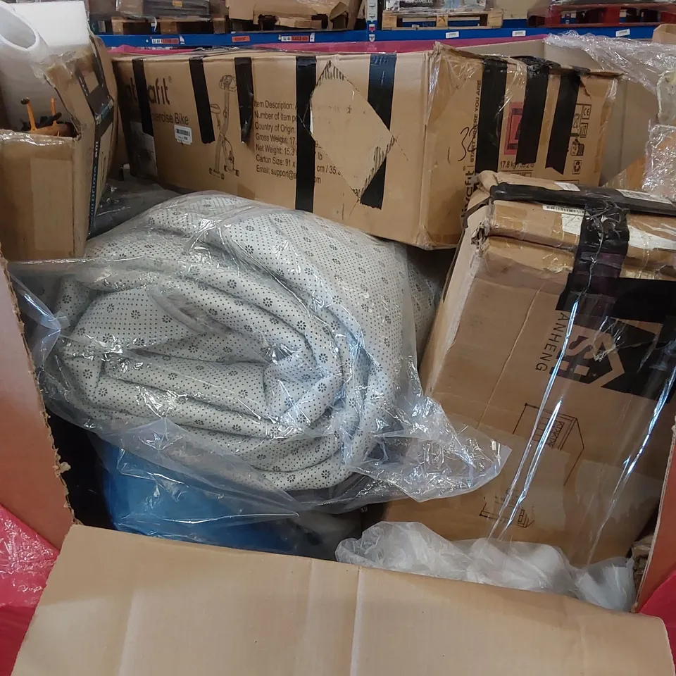 PALLET OF ASSORTED HOUSEHOLD ITEMS AND CONSUMER PRODUCTS TO INCLUDE; EXERCISE BIKE, PARTY TENT, BOXED FURNITURE ETC 