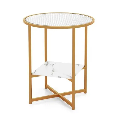 BOXED COSTWAY 50 X 50 X 60cm, 2-TIER ROUND SIDE TABLE WITH FAUX MARBLE STORAGE SHELF - WHITE