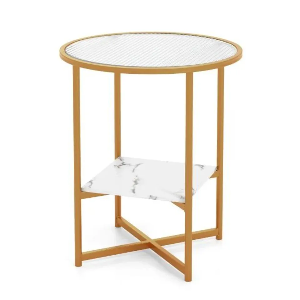 BOXED COSTWAY 50 X 50 X 60cm, 2-TIER ROUND SIDE TABLE WITH FAUX MARBLE STORAGE SHELF - WHITE