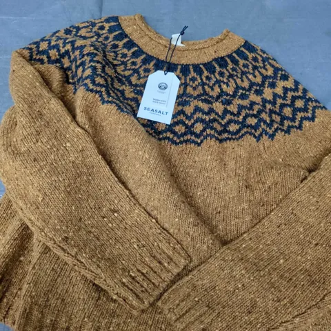 SEASALT CORNWALL PORT KINNIS MERINO JUMPER – WOMEN'S UK 12 – MUSTARD & NAVY