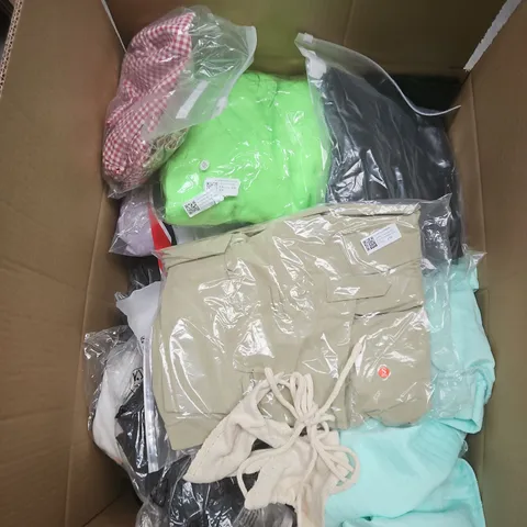 LARGE BOX OF APPROXIMATELY 20 ASSORTED CLOTHING ITEMS IN VARIOUS SIZES, STYLES AND COLOURS