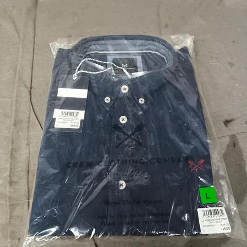 CREW CLOTHING COMPANY NAVY WINDOWPANE DOBBY TWILL SHIRT – LARGE 