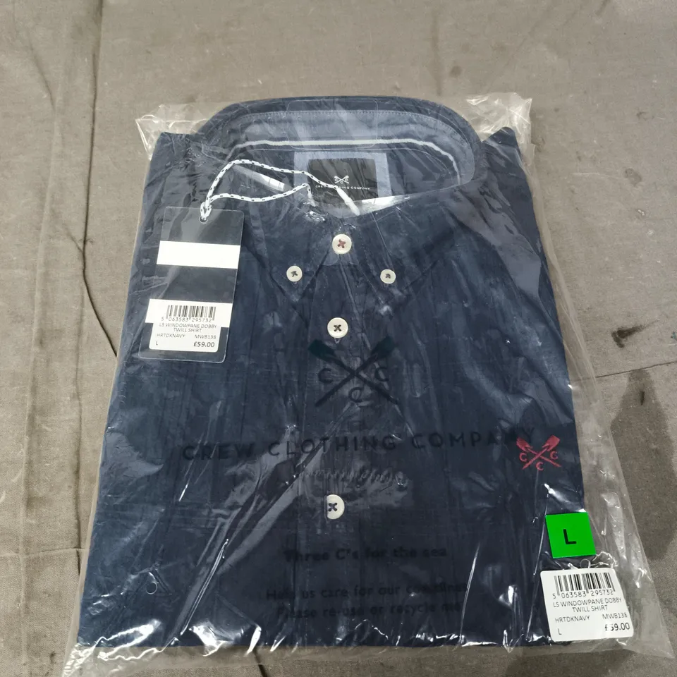CREW CLOTHING COMPANY NAVY WINDOWPANE DOBBY TWILL SHIRT – LARGE 