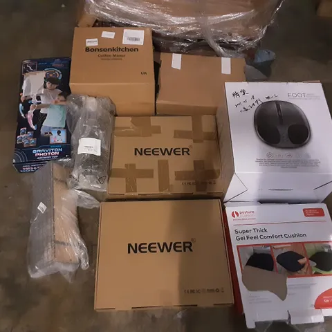PALLET OF ASSORTED PRODUCTS INCLUDING NEEWER, POSTURE CUSHION, FOOT MASSAGER, BONSENKITCHEN COFFEE MAKER, GRAVITION PHOTON ARCHERY SET, BBL TOILET SEAT COVER