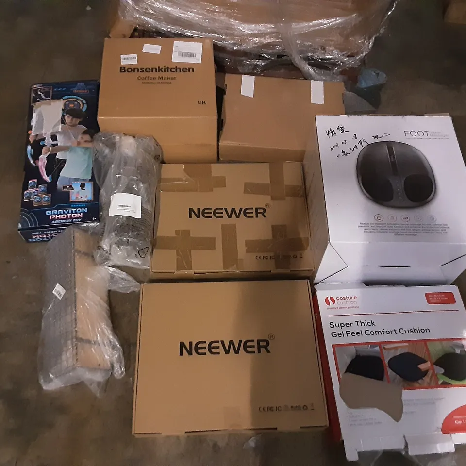 PALLET OF ASSORTED PRODUCTS INCLUDING NEEWER, POSTURE CUSHION, FOOT MASSAGER, BONSENKITCHEN COFFEE MAKER, GRAVITION PHOTON ARCHERY SET, BBL TOILET SEAT COVER