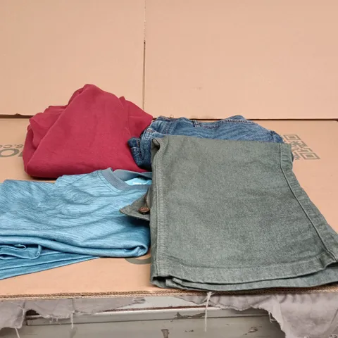 BOX OF APPROXIMATELY 25 ASSORTED CLOTHING ITEMS TO INCLUDE GREEN SKIRT, ASOS SLEEVELESS TOP, AMAZON ESSENTIALS HOODIE, VERY JEANS ETC