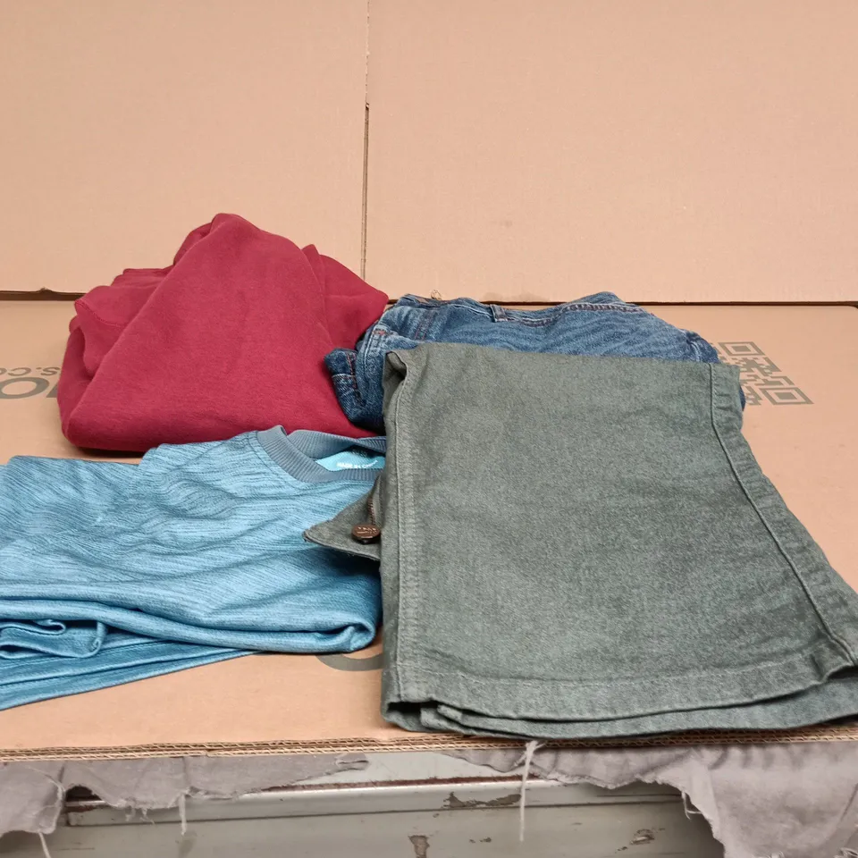 BOX OF APPROXIMATELY 25 ASSORTED CLOTHING ITEMS TO INCLUDE GREEN SKIRT, ASOS SLEEVELESS TOP, AMAZON ESSENTIALS HOODIE, VERY JEANS ETC