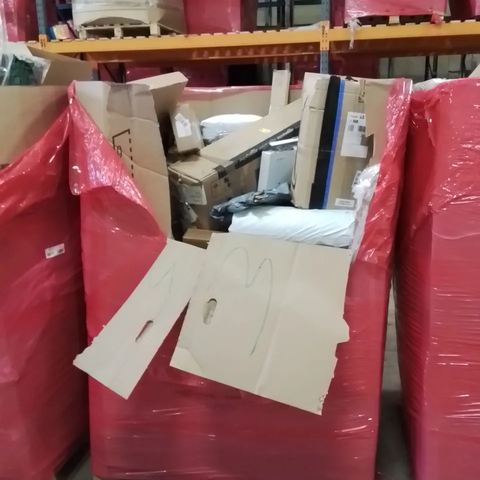 PALLET OF ASSORTED HOUSEHOLD GOODS AND PRODUCTS TO INCLUDE; TOILET SAFETY RAIL, TORQUE WRENCH, SEAT CUSHION, BOXED FURNITURE ETC 