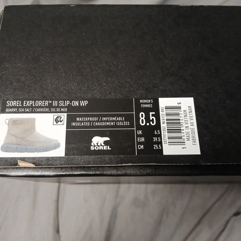 BOXED SOREL EXPLORER III SLIP-ON WP BOOTS – WOMEN'S, GREY SUEDE, UK 6.5
