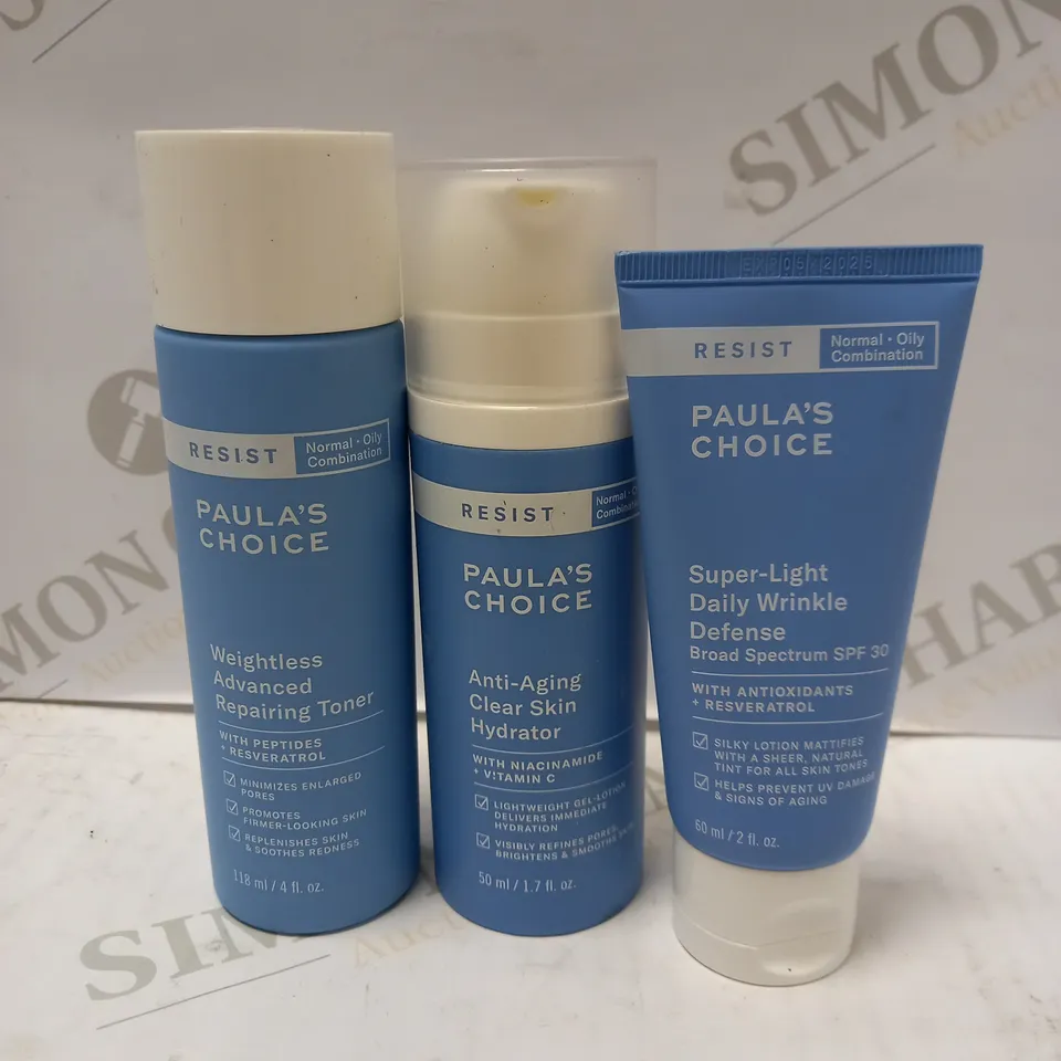 LOT OF 3 ASSORTED PAULA'S CHOICE RESIST PRODUCTS TO INCLUDE WEIGHTLESS ADVANCED REPAIRING TONER, ANTI-AGING CLEAR SKIN MOISTURISER, SUPER-LIGHT DAILY WRINKLE DEFENSE SPF 30 
