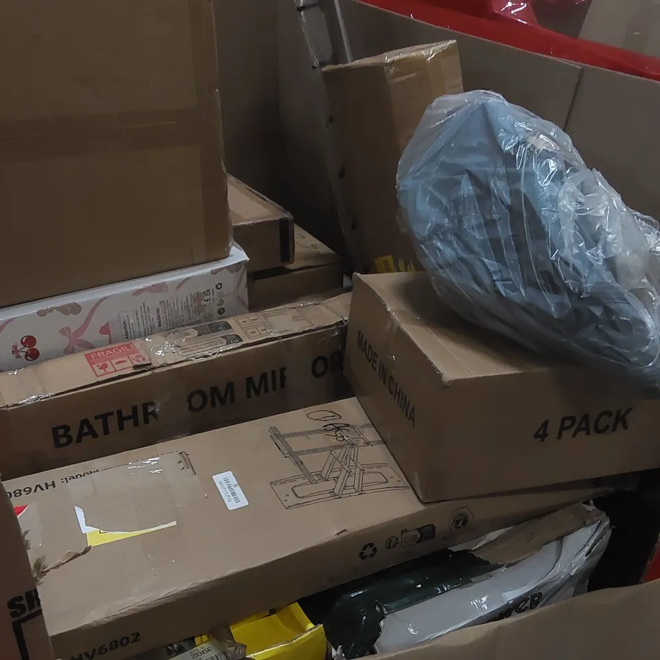 PALLET OF ASSORTED HOUSEHOLD GOODS AND PRODUCTS TO INCLUDE: LEG MASSAGER, BRAD HEATER, FOOT MASSAGER, AUTOMATIC PAPER SHREDDER ECT