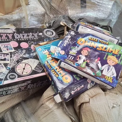 PALLET CONTAINING LARGE QUANTITY OF PROSECCO PARTY GAMES, SLIME KITS, LUGGAGE CASE ETC.