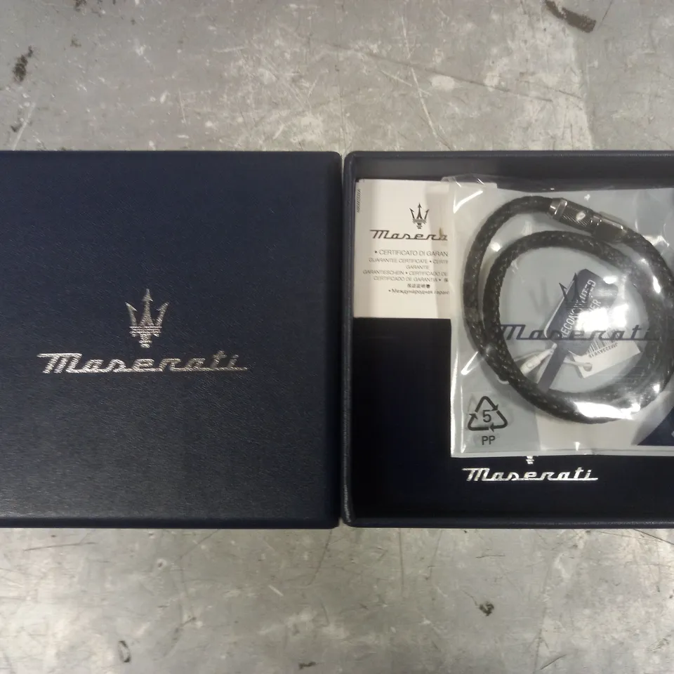 BOXED MASERATI BLACK LEATHER BRACELET - 41CM