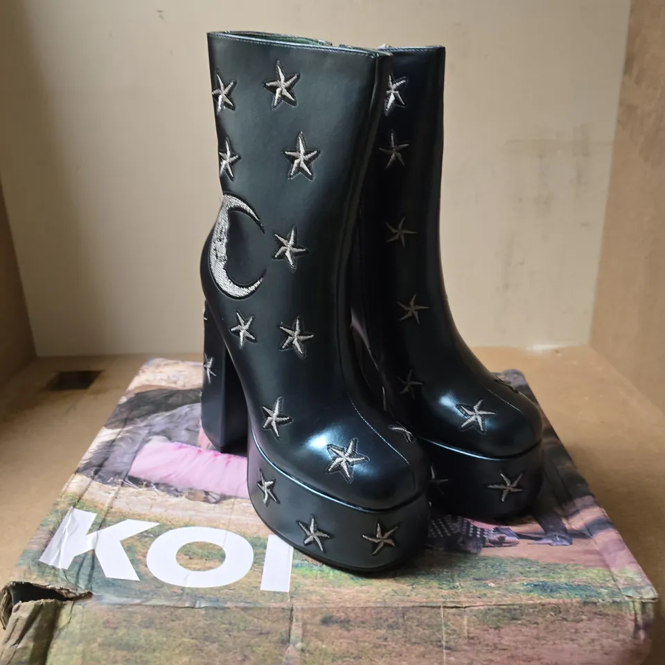 KOI MOON & STAR EMBROIDERED PLATFORM BOOTS - UK 4