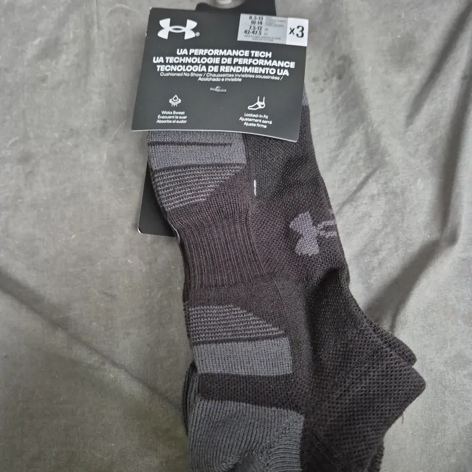 UNDER ARMOUR PERFORMANCE TECH SOCKS – 3 PACK, NO-SHOW CUSHIONED