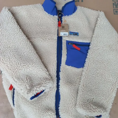 PATAGONIA LONG SLEEVE ZIP-THROUGH FLEECE JACKET IN BEIGE/BLUE SIZE MEDIUM