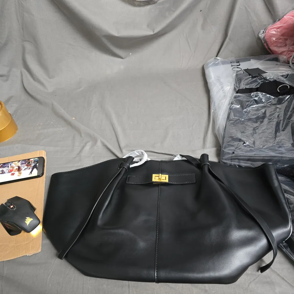 BOX OF APPROXIMATELY 20 ASSORTED CLOTHING ITEMS TO INCLUDE: BLACK HANDBAG AND PINK AND BLUE SHORTS