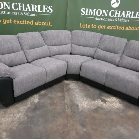 DESIGNER SANTORI GREY FABRIC AND BLACK FAUX LEATHER MANUAL RECLIING CORNER SOFA