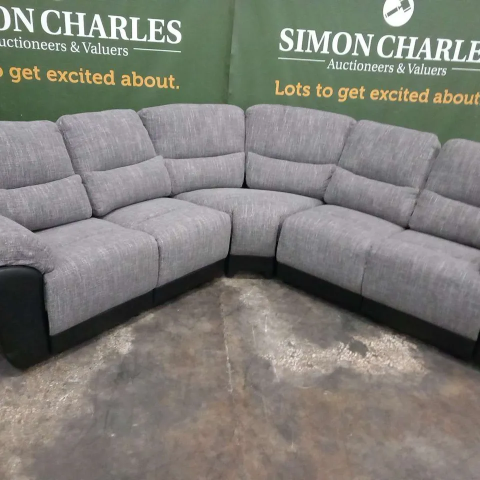 DESIGNER SANTORI GREY FABRIC AND BLACK FAUX LEATHER MANUAL RECLIING CORNER SOFA