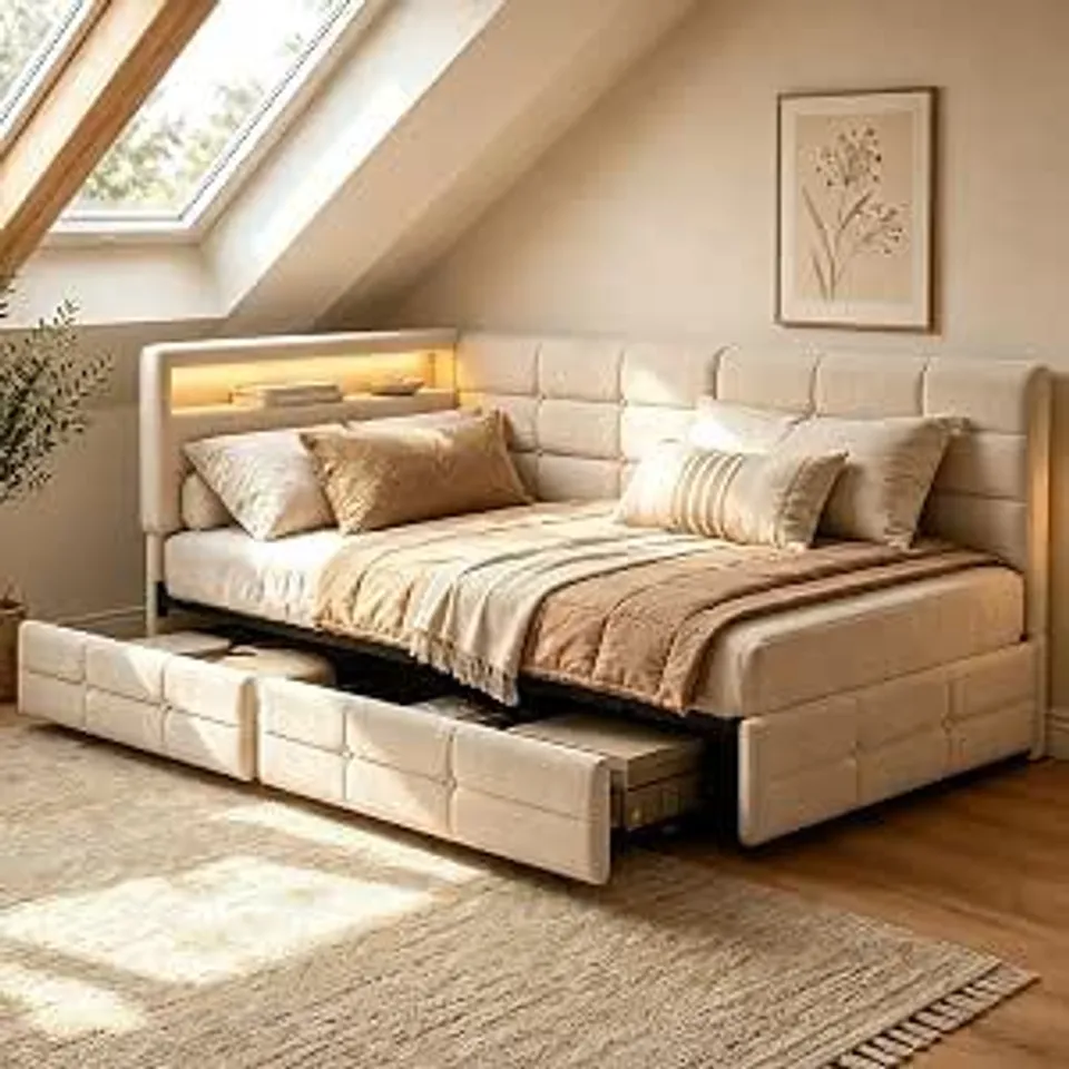 BOXED , L-SHAPED SOFA BED IN BEIGE LINEN EFFECT, 2 DRAWERS, RGB LED 16 COLOURS, 2 EU SOCKETS, USB-A/USB-C, REVERSIBLE, SLATTED BASE 90×200CM (2 BOXES)