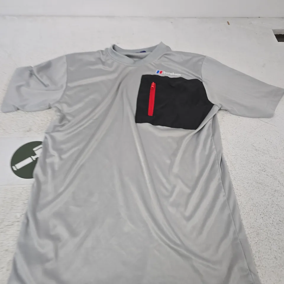 BERGHAUS GREY ATHLETIC T-SHIRT WITH BLACK ZIP POCKET – SIZE S