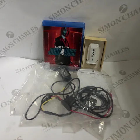 BOX OF APPROX 10 ITEMS INCLUDING JOHN WICK BLU-RAY, SOLAX POCKET WIFI 2.0 AND ABAX 5 TRIPLOG