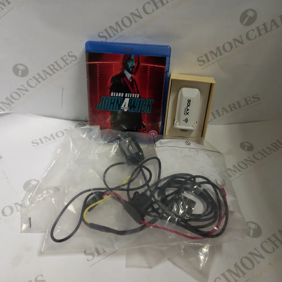 BOX OF APPROX 10 ITEMS INCLUDING JOHN WICK BLU-RAY, SOLAX POCKET WIFI 2.0 AND ABAX 5 TRIPLOG