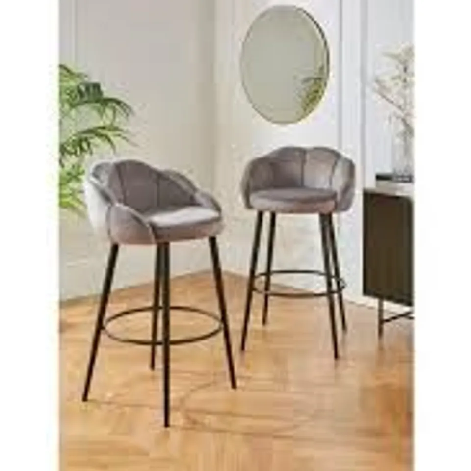 BOXED MICHELLE KEEGAN HOME PAIR OF ANGEL SCALLOP BAR STOOLS - GREY VELVET (1 BOX) RRP £199