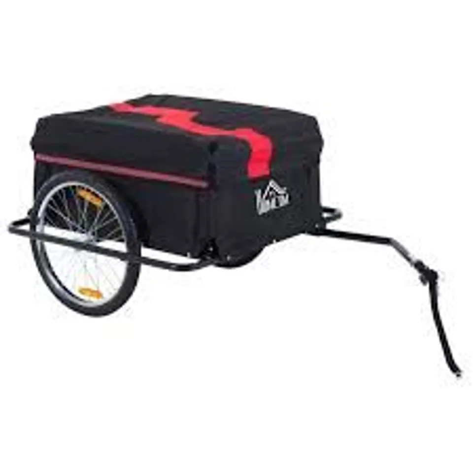 BOXED HOMCOM TWO-WHEEL BICYCLE LARGE CARGO WAGON TRAILER OXFORD FABRIC, FOLDING STORAGE, & REMOVABLE COVER, RED & BLACK