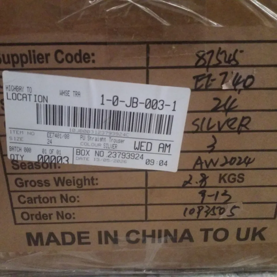BOX CONTAINING APPROXIMATELY 3 BRAND NEW JD WILLIAMS SILVER PU STRAIGHT TROUSERS - SIZE 24