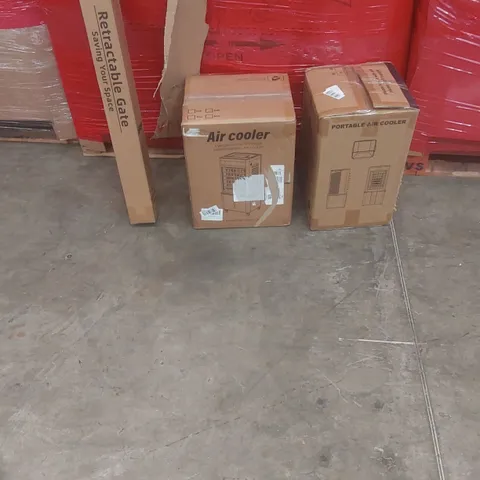 PALLET OF ASSORTED PRODUCTS AND ITEMS TO INCLUDE:AIR COOLER,PORTABLE AIR COOLER,RETRACTABLE GATE.