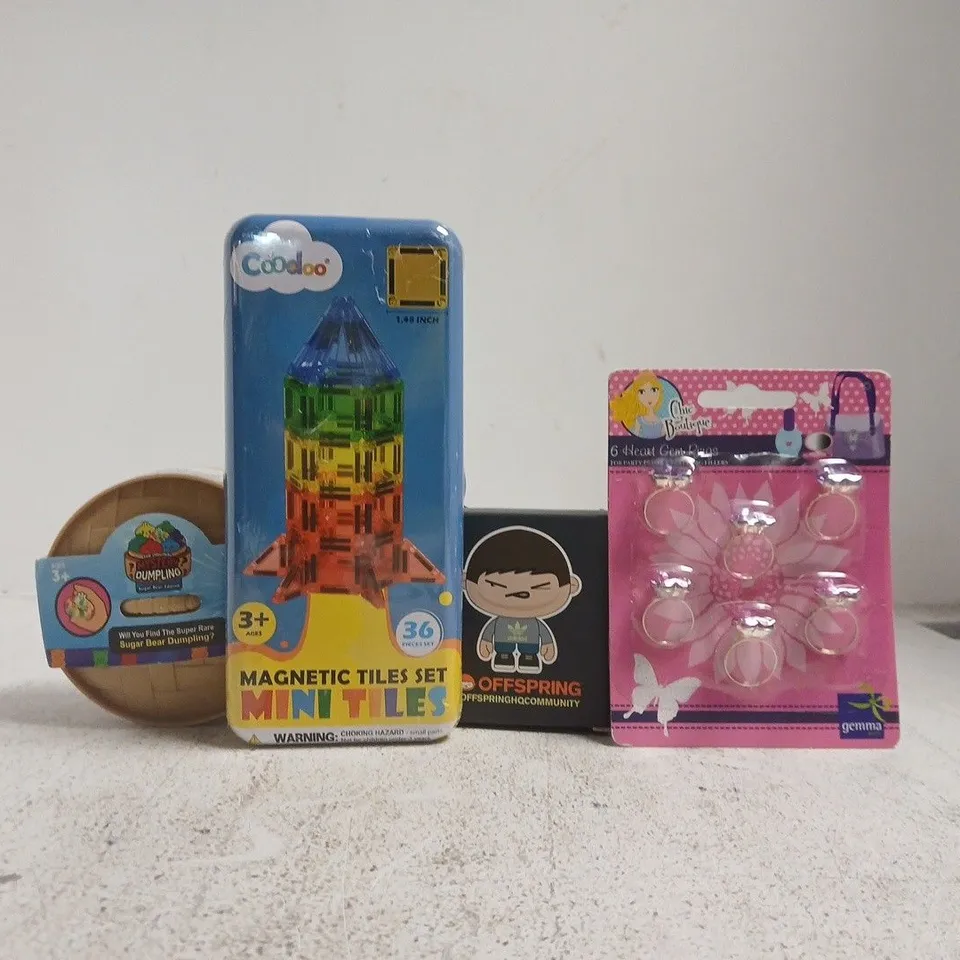 APPROXIMATELY 10 ASSORTED TOYS AND GAMES TO INCLUDE MAGNETIC TILES SET, MYSTERY DUMPLING, ETC