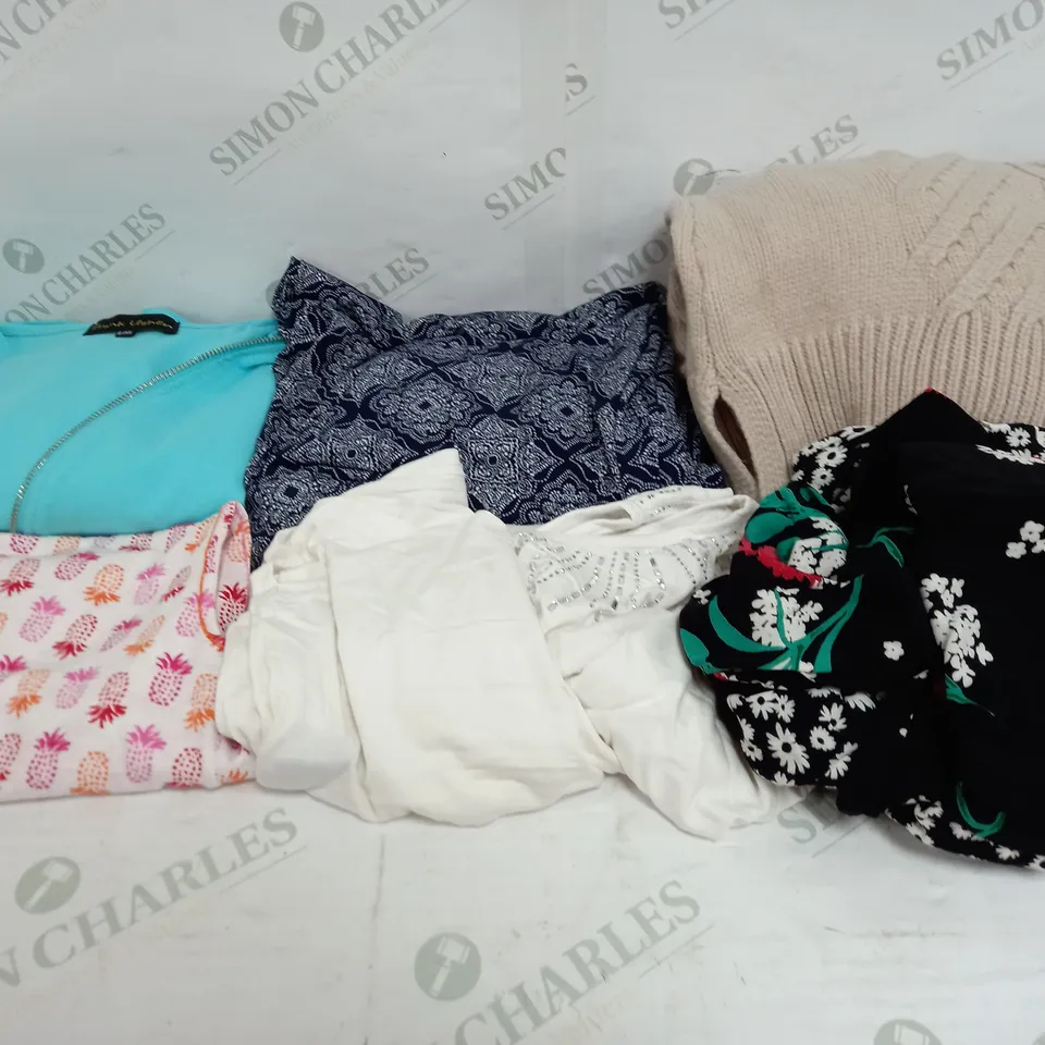 BOX OF APPROXIMATELY 20 ASSORTED ITEMS TO INCLUDES DRESSES, TOPS, JACKETS ETC