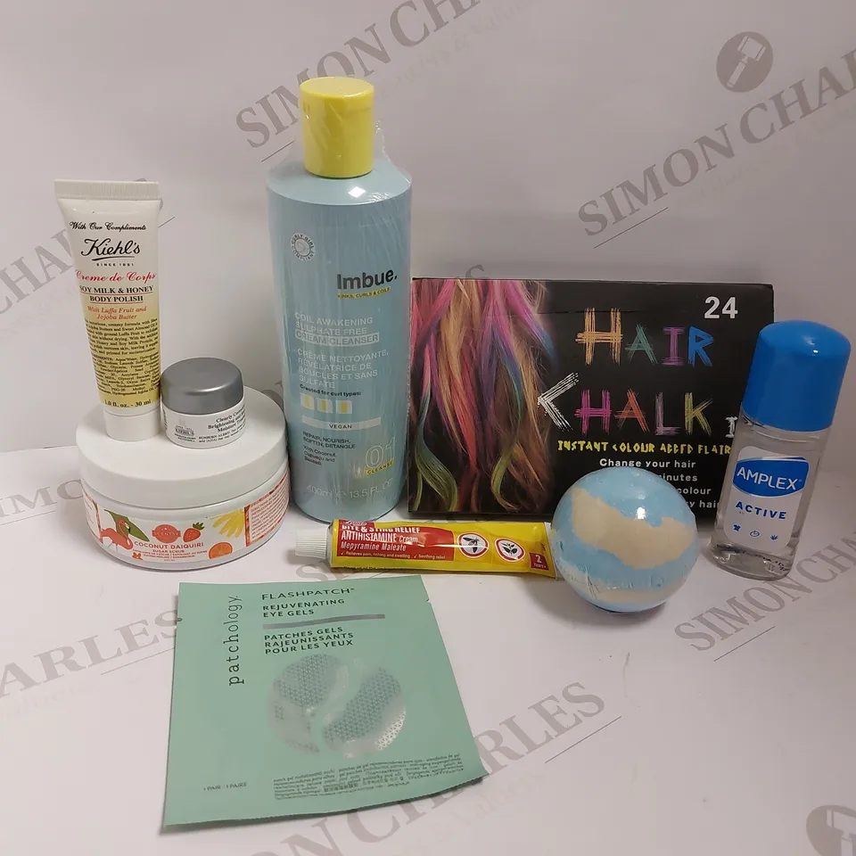 BOX OF APPROX 20 COSMETIC ITEMS TO INCLUDE PATCHOLOGY FLASHPATCH, HAIR CHALK, IMBUE CREAM CLEANSER