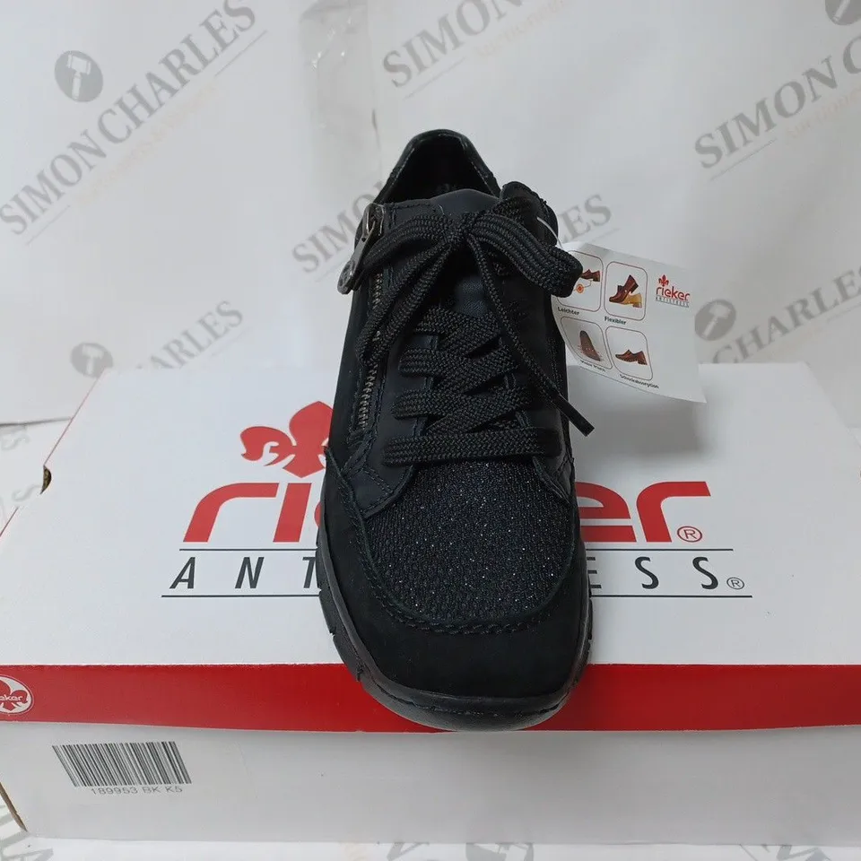 BOXED PAIR OF RIEKER WEDGE TRAINERS IN BLACK, UK SIZE 5